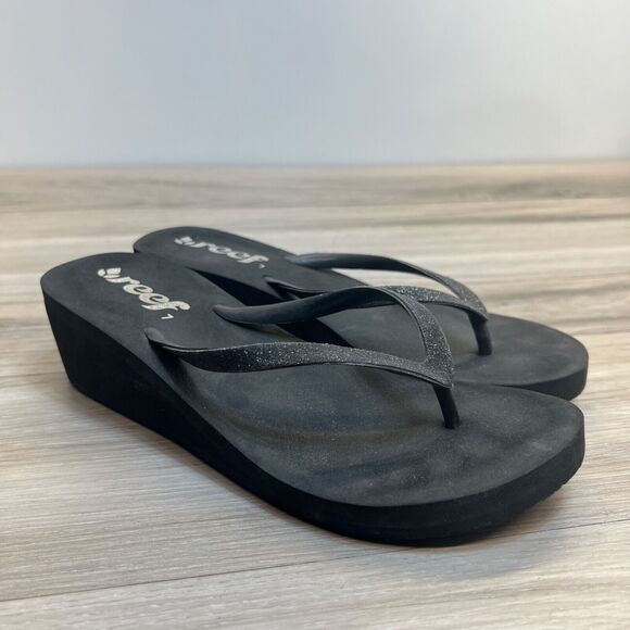 Reef Krystal Star Luxe Wedge Thong Flip Flops Sandal Women Size 7 Black Comfort - Picture 1 of 9
